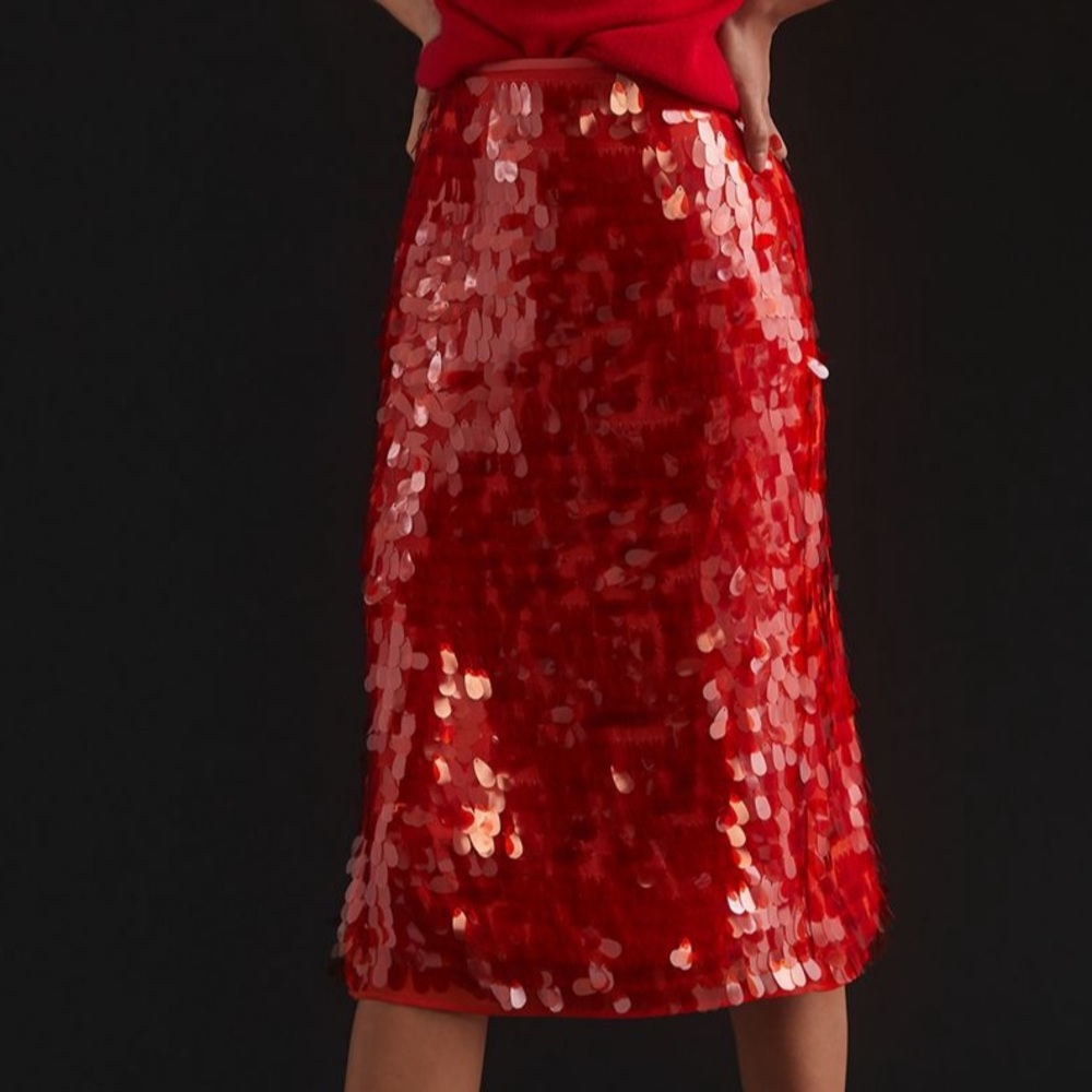 ANTHROPOLOGIE Maeve Sequined Midi Skirt in Bright Red